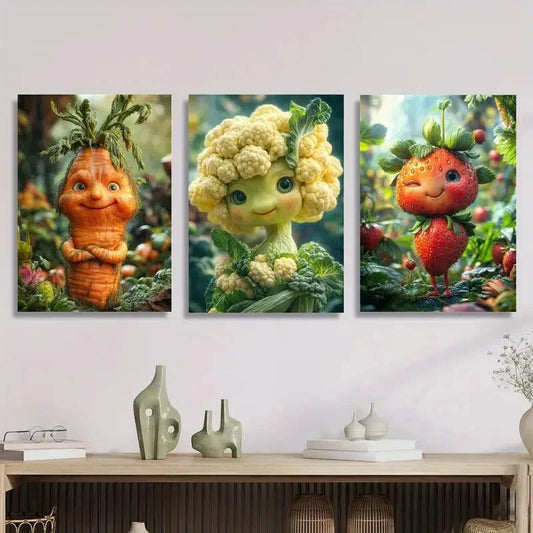 3pcs Smiling carrot cauliflower strawberry creature Metal Print Ready to Hang Art