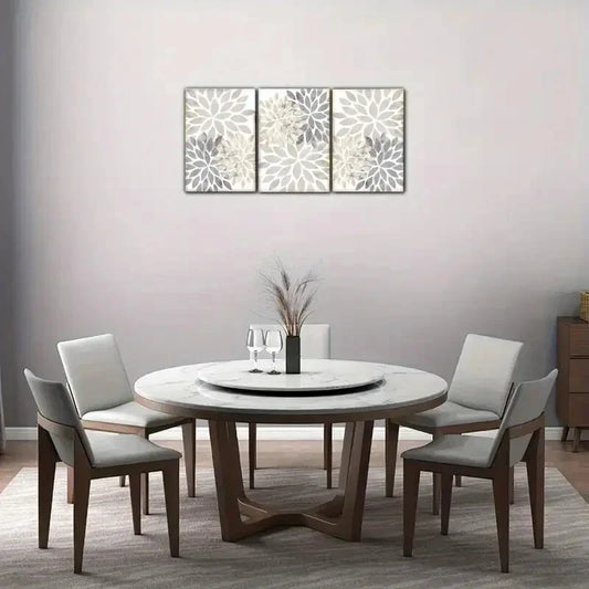 3pcs Beige Grey Tan Floral Art Decorative Metal Print Ready to Hang Art