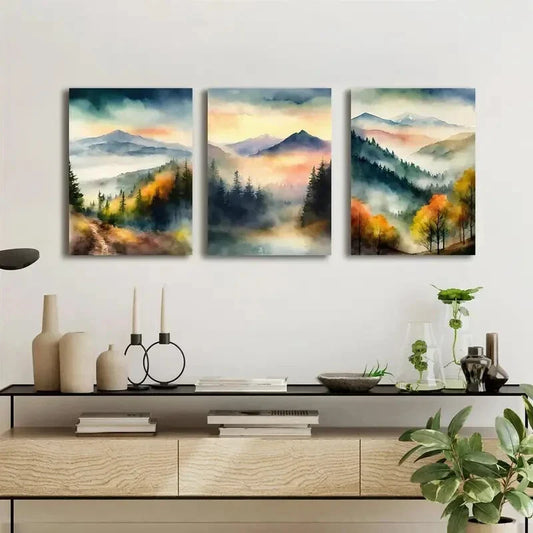 3pcs Watercolor Misty Mountain Landscape Metal Print Ready to Hang Art