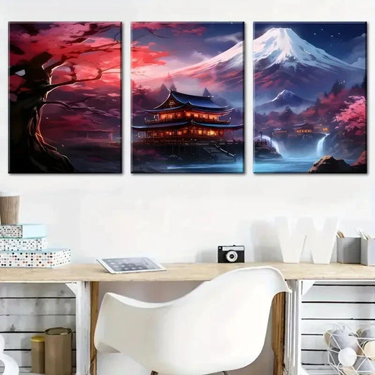 3pcs Japanese-Style Ancient Architecture Mount Metal Print Ready to Hang Art