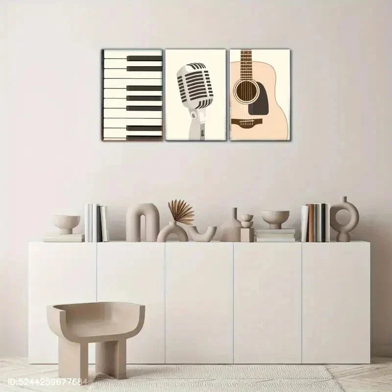 3pcs Piano Guitar and Microphone Metal Print Ready to Hang Art