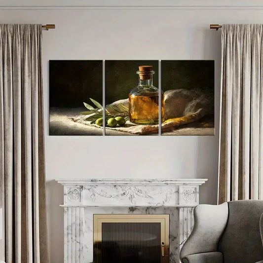 3pcs Classic Olive Oil Bottle Green Olives & Warm Metal Print Ready to Hang Art