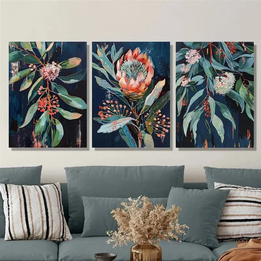 3pcs Vibrant Flowers with Leaves Coastal Metal Print Ready to Hang Art