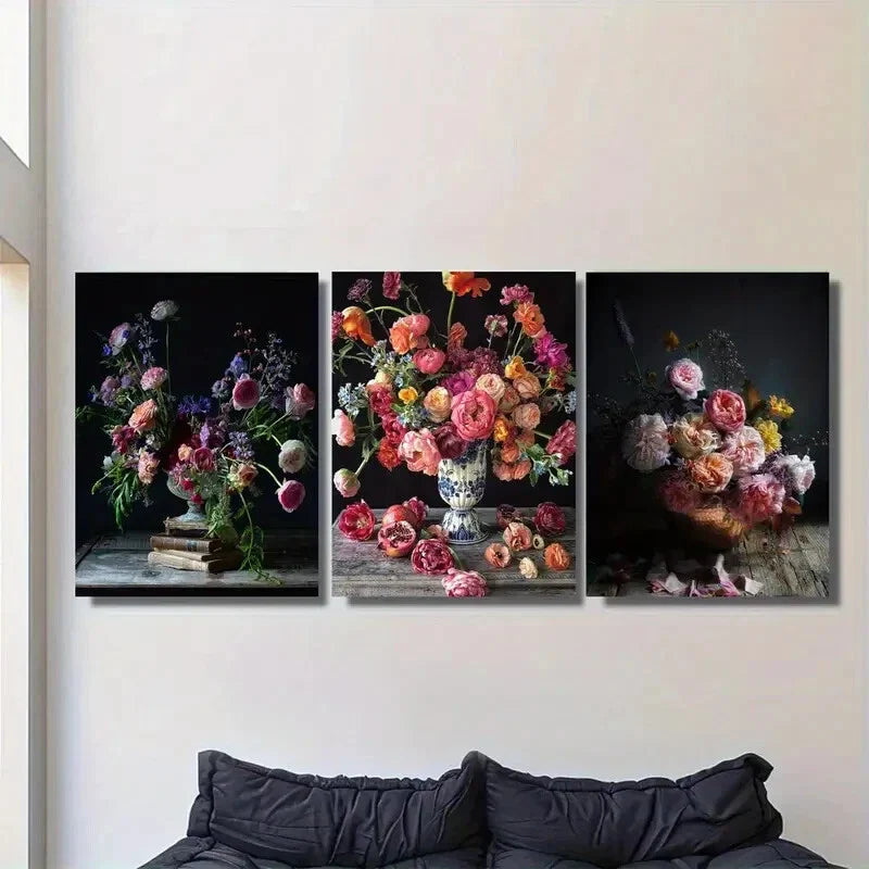 3pcs Elegant Flower Bouquet Metal Print Ready to Hang Art