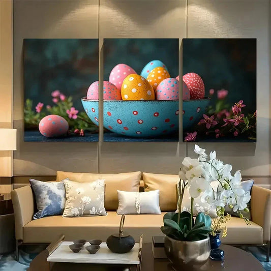 3pcs Colorful Eggs in Blue Bowl Design Metal Print Ready to Hang Art