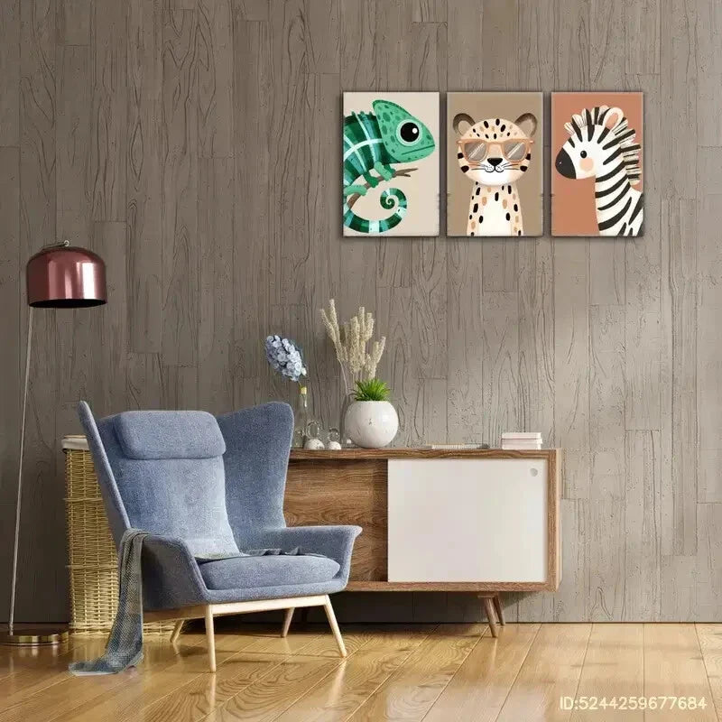 3pcs Chameleon Cheetah Zebra Vibrant Jungle Metal Print Ready to Hang Art