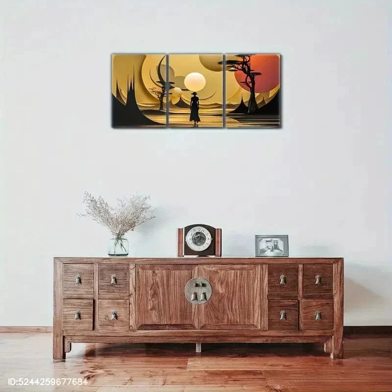 3pcs Afrocentric Landscape Painting Golden Art Metal Print Ready to Hang Art