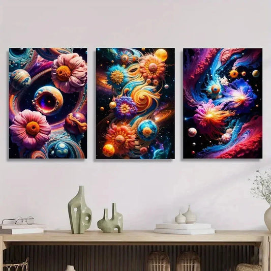 3pcs Abstract universe three-dimensional flower Metal Print Ready to Hang Art