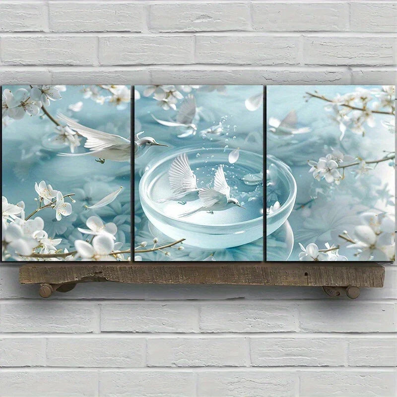 3pcs Peaceful Dove with Cherry Blossoms Metal Print Ready to Hang Art