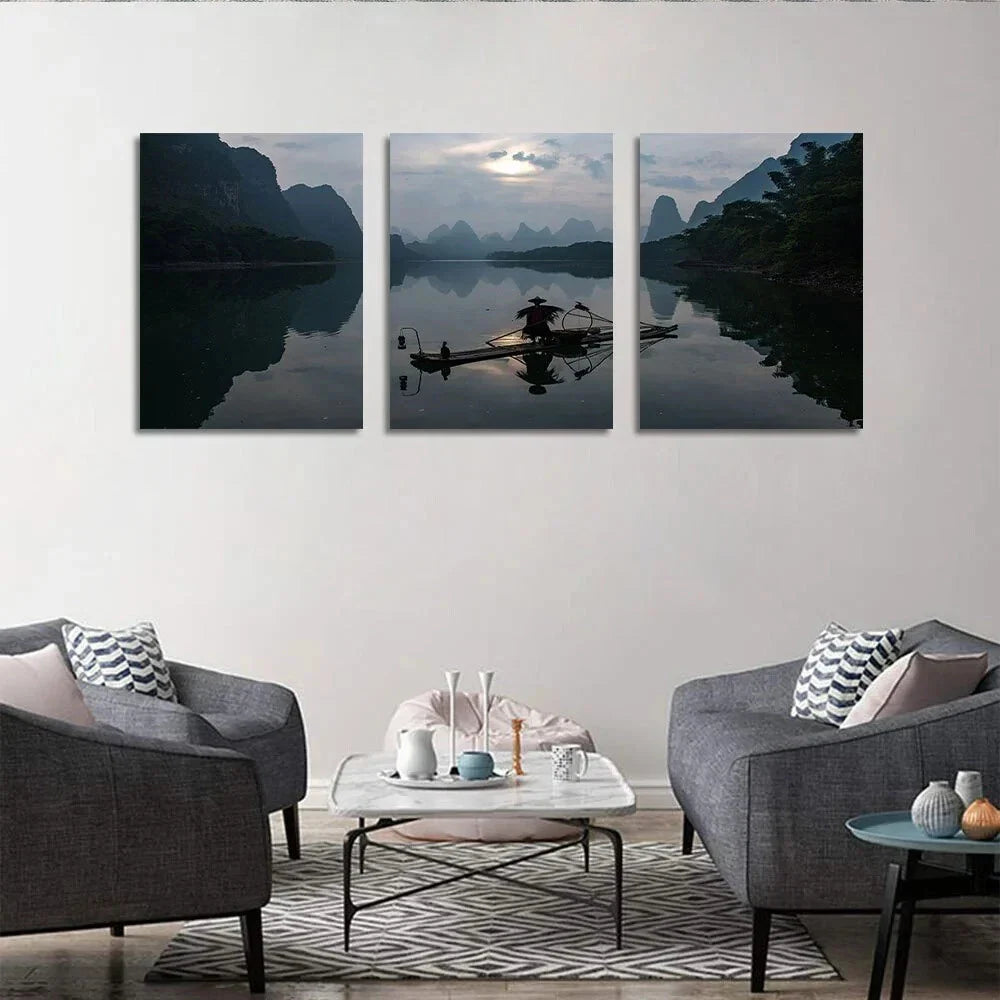 3pcs Fishing Boat Lake Mountain Metal Print Ready to Hang Art