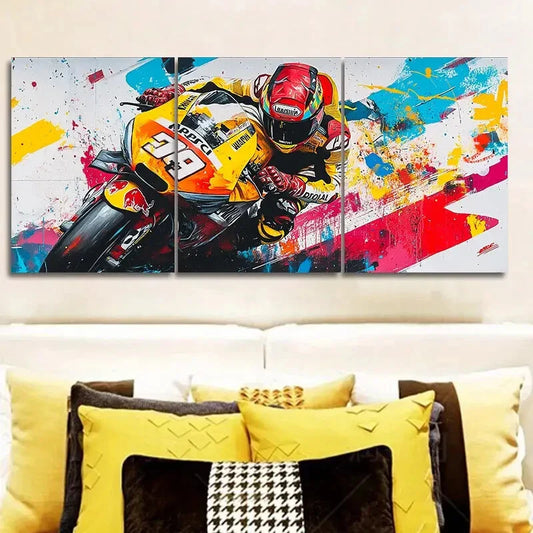 3pcs Superbike Rider Vibrant Orange Yellow Scene Metal Print Ready to Hang Art