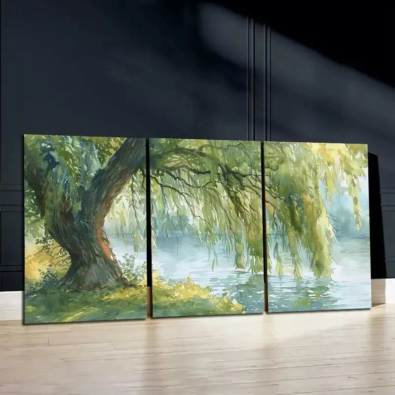 3pcs Willow Tree & Lake Oil Painting Canvas Framed 40x60cm - High Quality Print 100% Australian Made Wall Canvas Ready to Hang