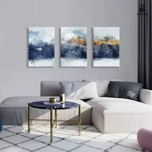 3pcs Blue & Gold Abstract Mountains Canvas Framed 40x60cm - High Quality Print 100% Australian Made Wall Canvas Ready to Hang