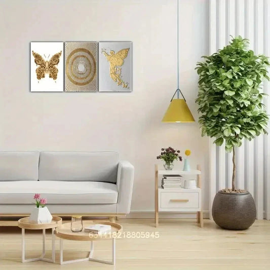 3pcs Golden butterfly, Golden sun, Golden Art Metal Print Ready to Hang Art