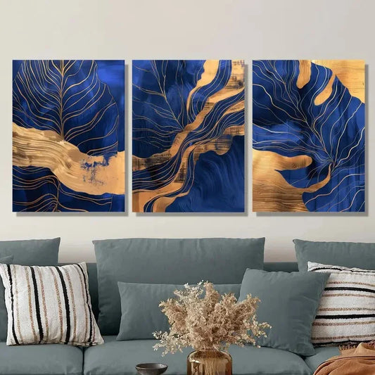3pcs Luxurious Abstract Blue and Golden Metal Print Ready to Hang Art