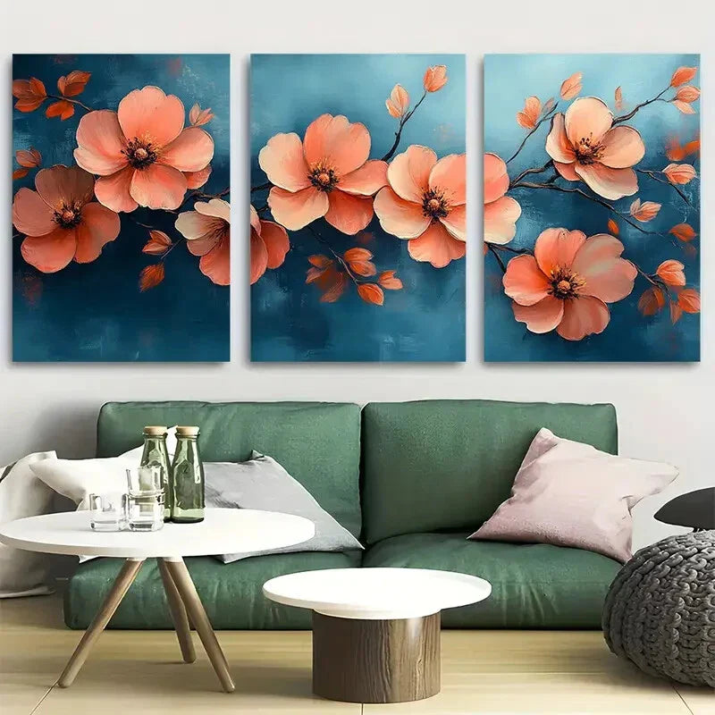 3pcs Boho Flowers in Blue Background Design Metal Print Ready to Hang Art