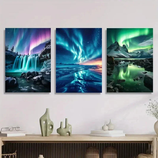 3pcs Winter Waterfall in Iceland And Enchanting Metal Print Ready to Hang Art