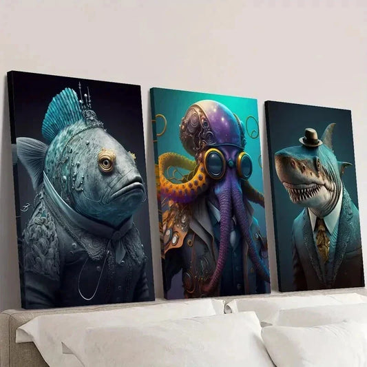 3pcs Oceanic Octopus Dolphin Fish in Suits Wall Art Set Canvas Framed 40x60cm - High Quality Print 100% Australian Made Wall Canvas Ready to Hang