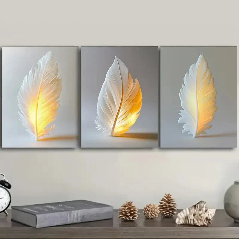 3pcs Feathers that glow Wall Art Set Canvas Framed 40x60cm - High Quality Print 100% Australian Made Wall Canvas Ready to Hang