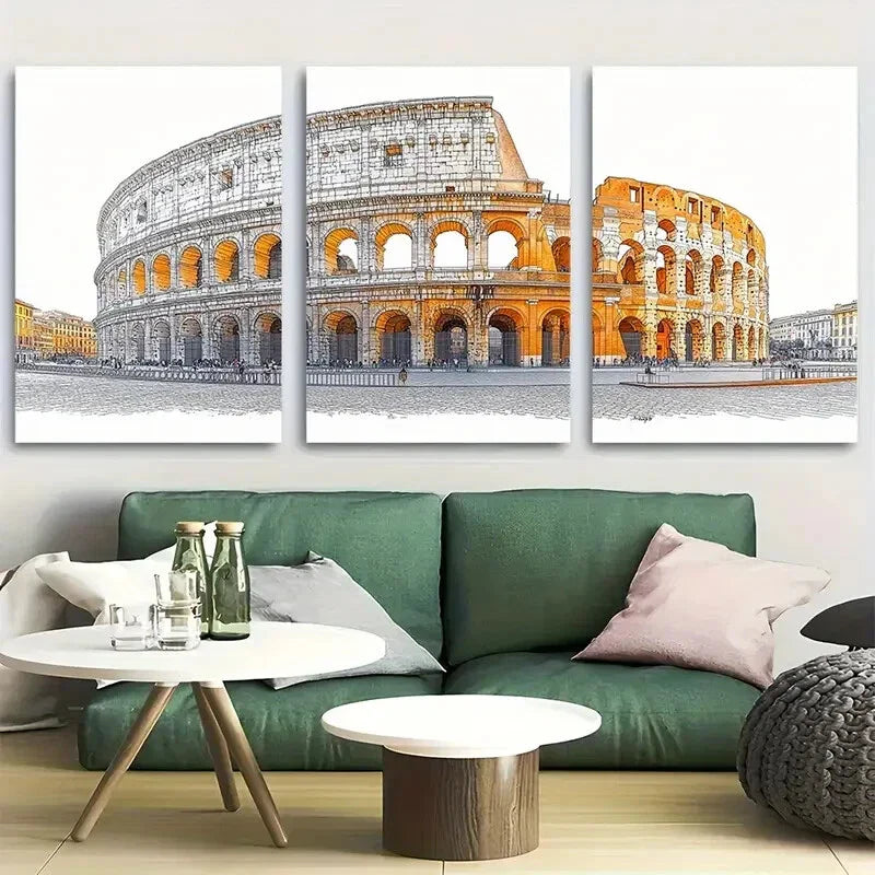 3pcs Italy Colosseum Line Art Design Metal Print Ready to Hang Art