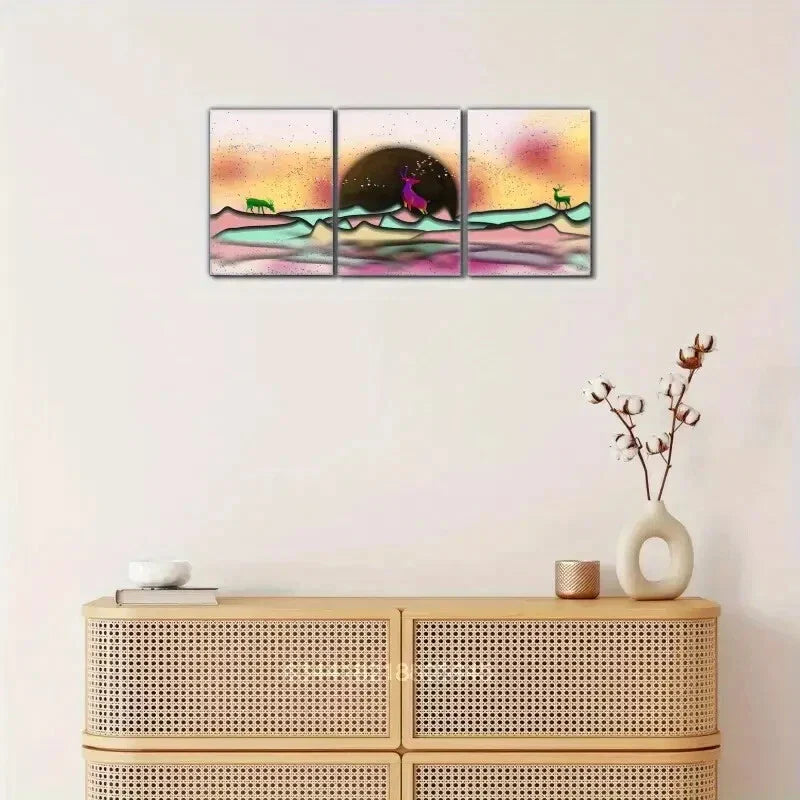 3pcs Sika deer, mountains, landscape Metal Print Ready to Hang Art