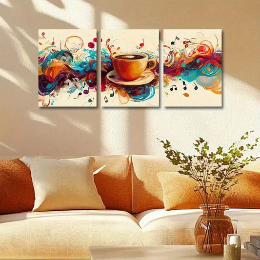 3pcs Vibrant Abstract Music & Coffee Design Metal Print Ready to Hang Art