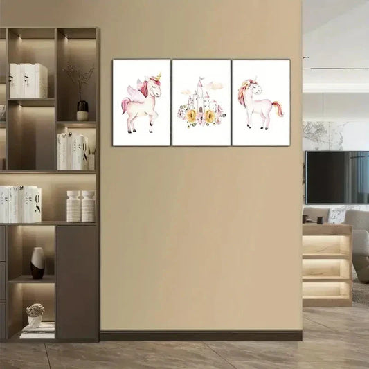 3pcs Pink Castle Unicorn Colorful Hair Floral Art Metal Print Ready to Hang Art