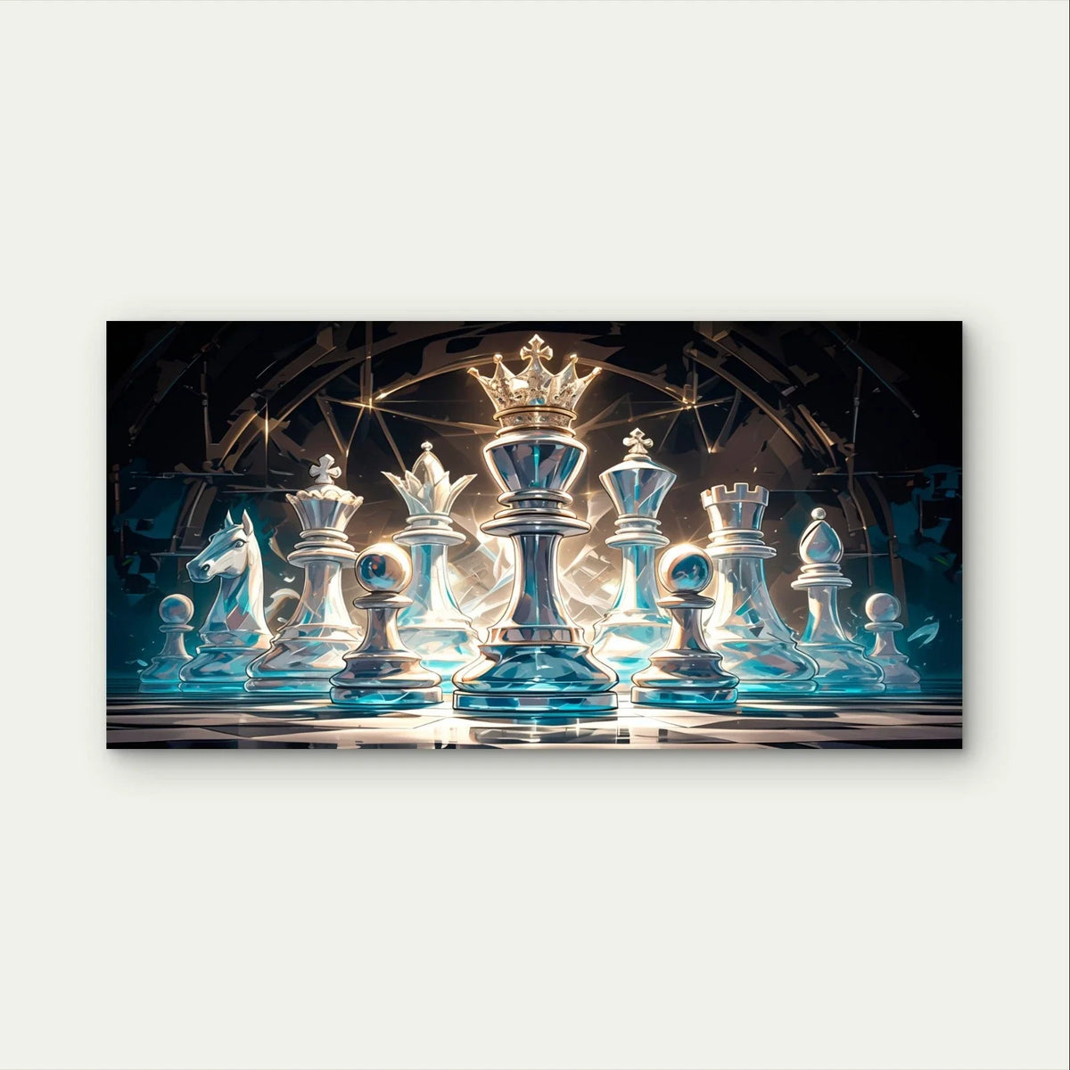 Glowing Glass Chess Pieces Modern Wall Art Canvas Office Home Framed 120x60cm