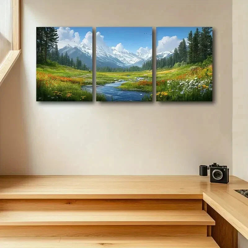 3pcs Serene Landscape with Mountains and Lakes Metal Print Ready to Hang Art