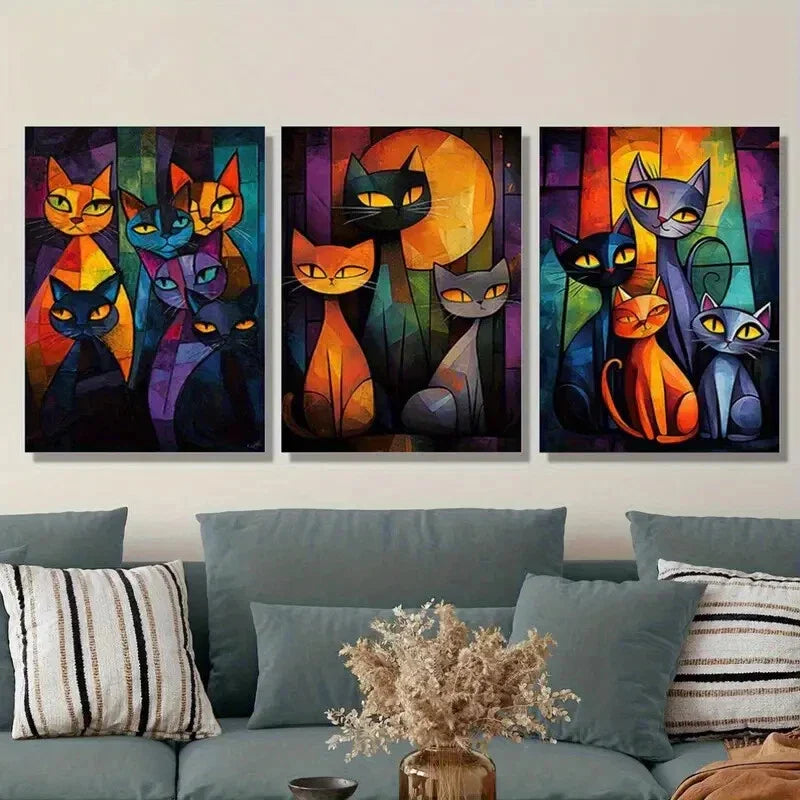 3pcs Abstract Cat Fantasy Colors Wall Art Set Canvas Framed 40x60cm - High Quality Print 100% Australian Made Wall Canvas Ready to Hang