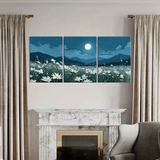 3pcs White Daisies Starry Sky Mountain Scenery Metal Print Ready to Hang Art