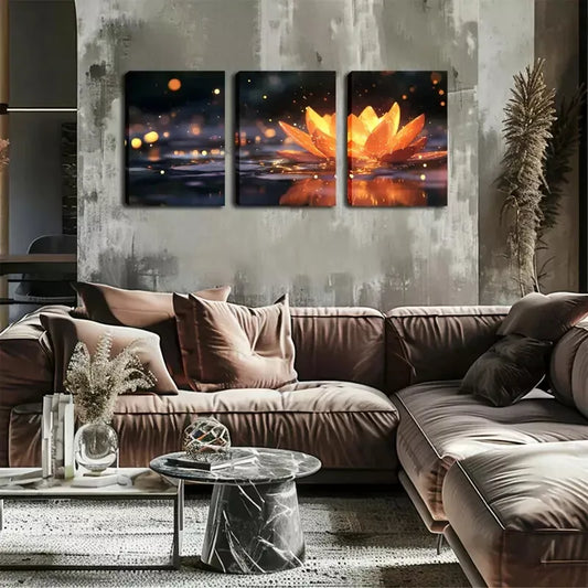 3pcs Lotus Flowers Emitting Yellow Light Wall Art Set Canvas Framed 40x60cm - High Quality Print 100% Australian Made Wall Canvas Ready to Hang