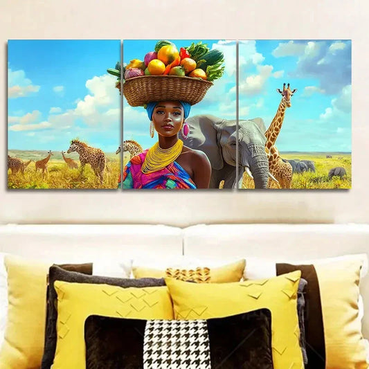 3pcs Fruit on the heads of African beauties Wall Art Set Canvas Framed 40x60cm - High Quality Print 100% Australian Made Wall Canvas Ready to Hang