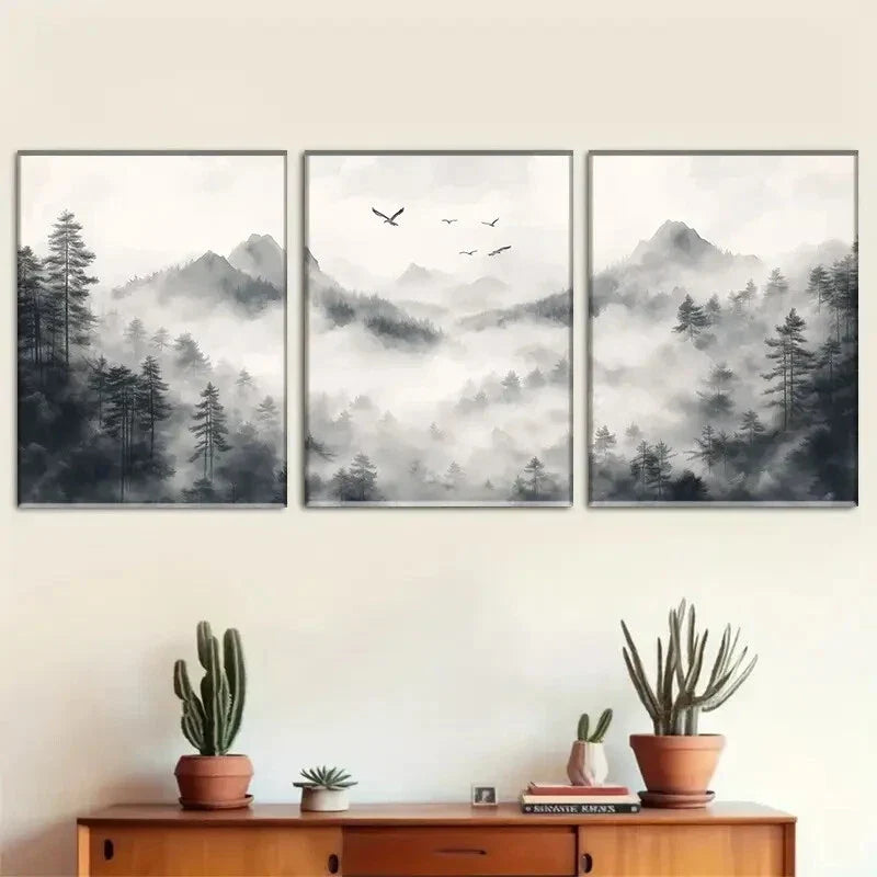 3pcs Monochrome Mountain - Forest Misty Landscape Metal Print Ready to Hang Art
