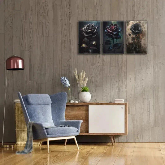 3pcs Black & Red Roses with Golden Leaves Metal Print Ready to Hang Art