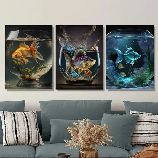 3pcs Water Splashes Colorful Aquarium Scenes Metal Print Ready to Hang Art