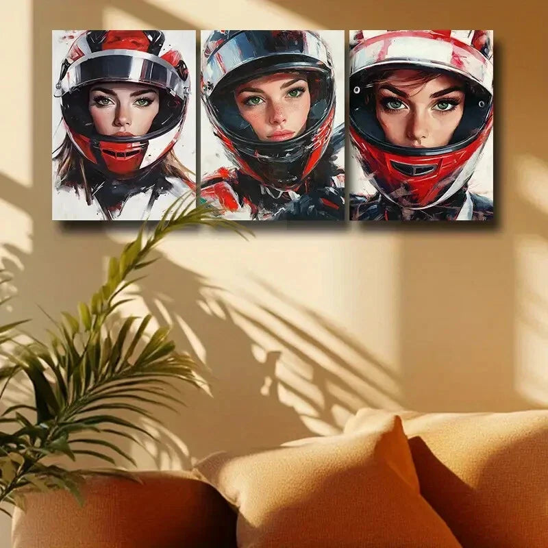 3pcs Modern Helmeted Woman Portraits Metal Print Ready to Hang Art