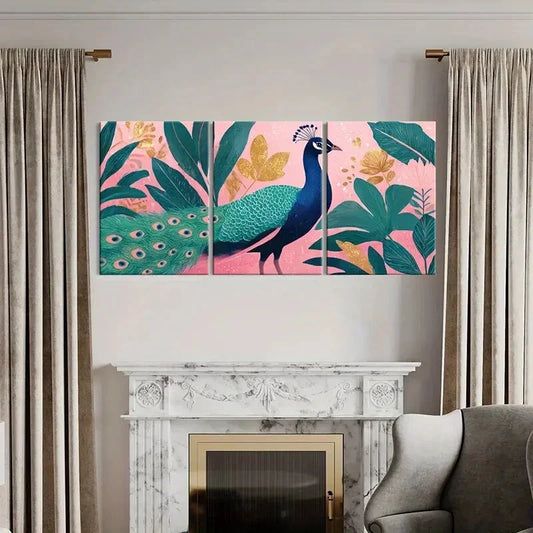 3pcs Peacock Art Tropical Leaves Golden Accents Metal Print Ready to Hang Art