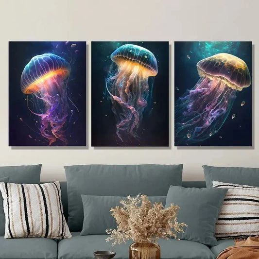 3pcs Vibrant Deep Space Sea Life Glowing Metal Print Ready to Hang Art