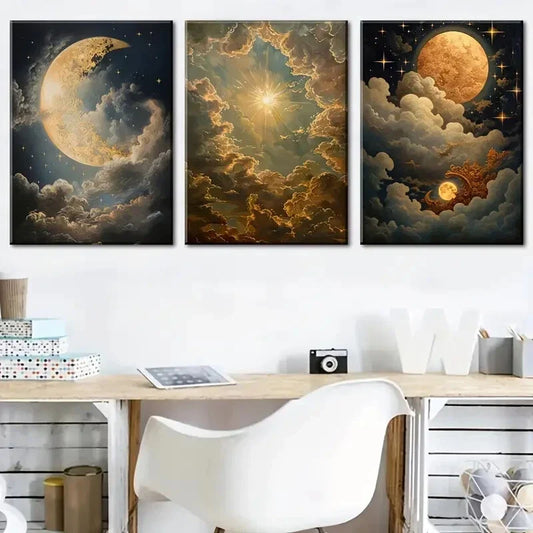 3pcs Moonlit Clouds Golden Sunset and Starry Skies Metal Print Ready to Hang Art