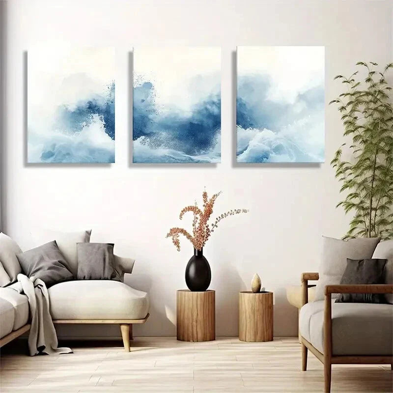 3pcs Abstract Watercolor Blue Waves Design Metal Print Ready to Hang Art