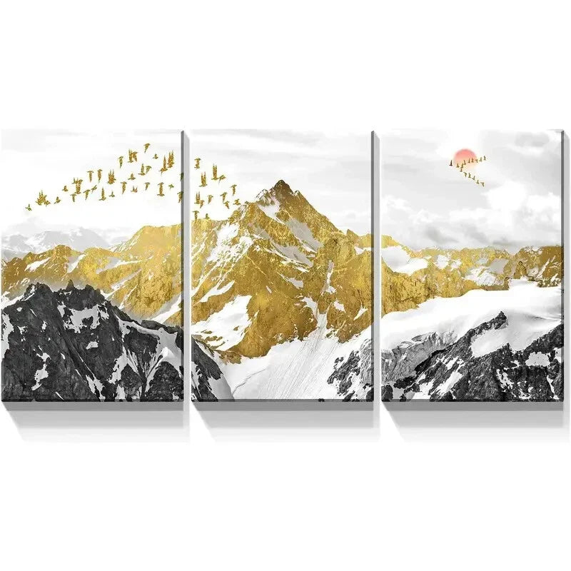 3pcs Black and White with Golden Birds Metal Print Ready to Hang Art