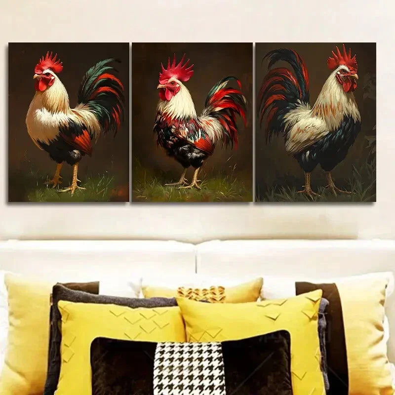 3pcs Vibrant Rooster Metal Print Ready to Hang Art
