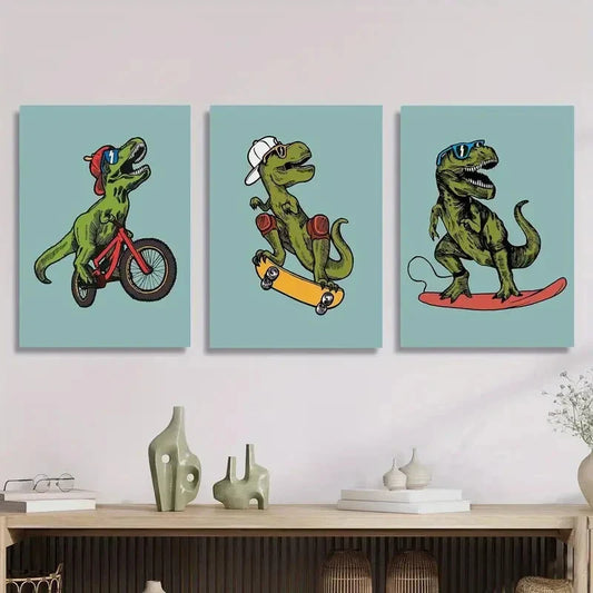 3pcs Sports Tyrannosaurus Rex, Funny and cute Metal Print Ready to Hang Art