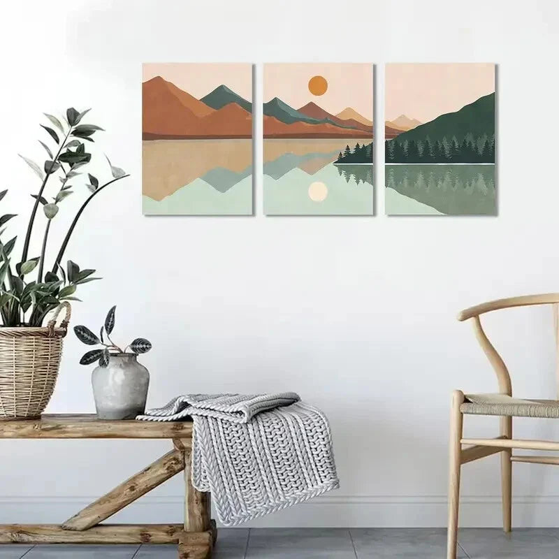 3pcs Abstract Sun Mountain Forest Lake Metal Print Ready to Hang Art