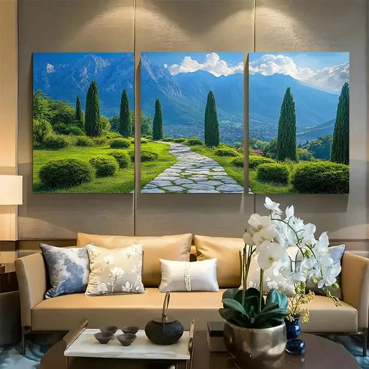 3pcs Cypress Trees In Lush Mountain Valley Metal Print Ready to Hang Art