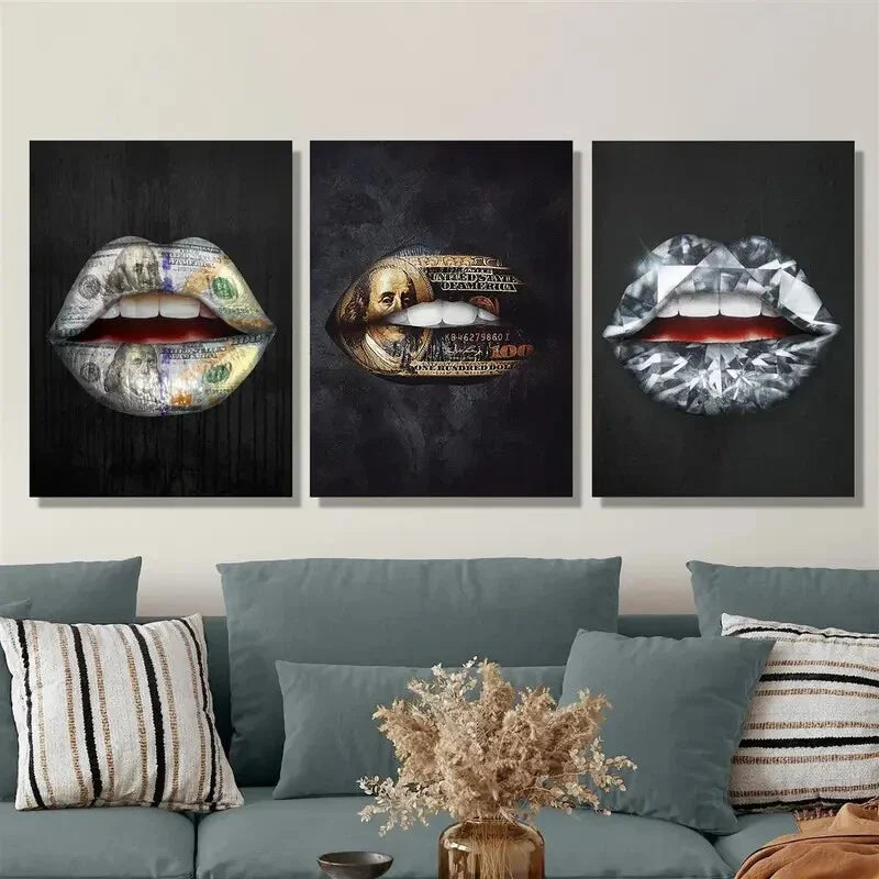 3pcs unique money art, gold standard lips, Metal Print Ready to Hang Art
