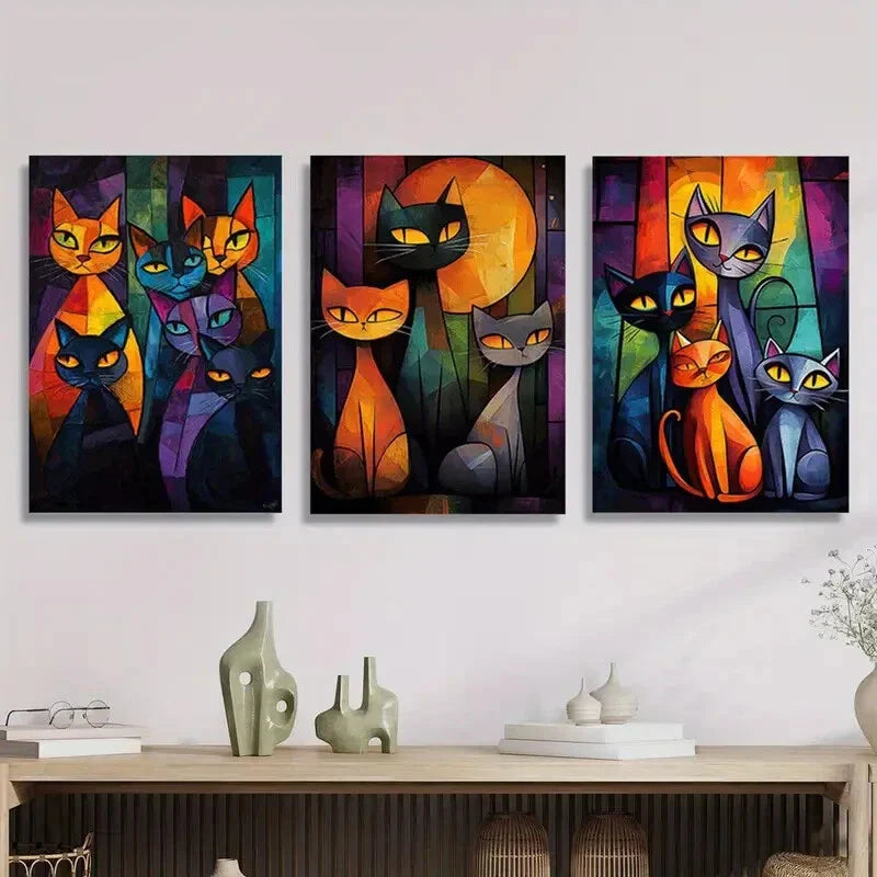 3pcs Vibrant Abstract Cat Metal Print Ready to Hang Art