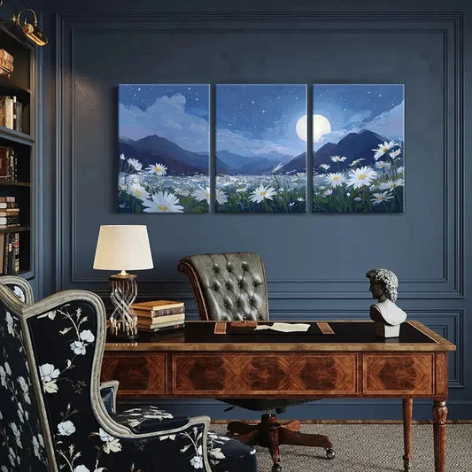 3pcs Serene Daisy Field & Mountain View Full Moon Metal Print Ready to Hang Art