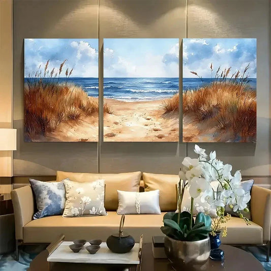 3pcs Whimsical watercolor of Sand Dunes on a Beach Metal Print Ready to Hang Art